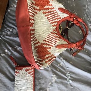 NWOT COLE HAAN ORANGE WOVEN HANDBAG AND WALLET